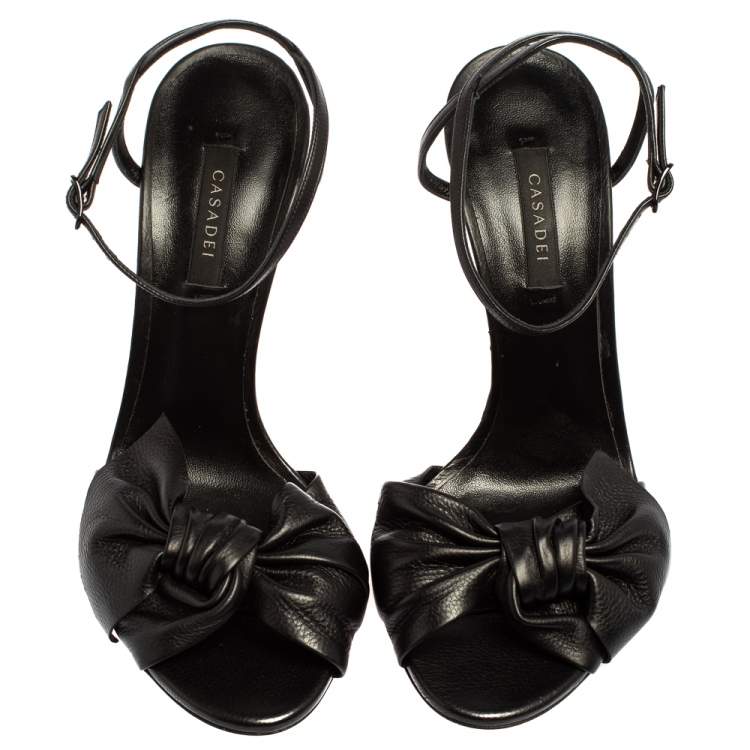 Pre Owned Casadei Black Leather Bow Ankle Strap Sandals Size 40