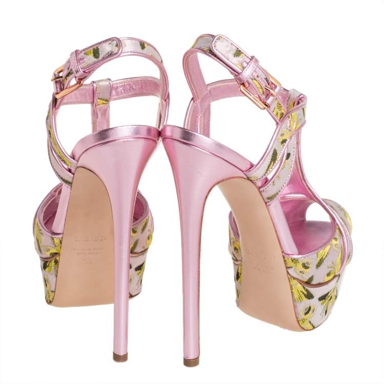مملوكة مسبقًا Casadei Pink Leather And Jacquard Bee Motif Sandals Size 38