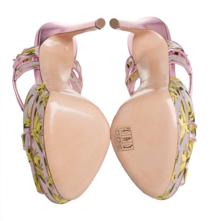 مملوكة مسبقًا Casadei Pink Leather And Jacquard Bee Motif Sandals Size 38