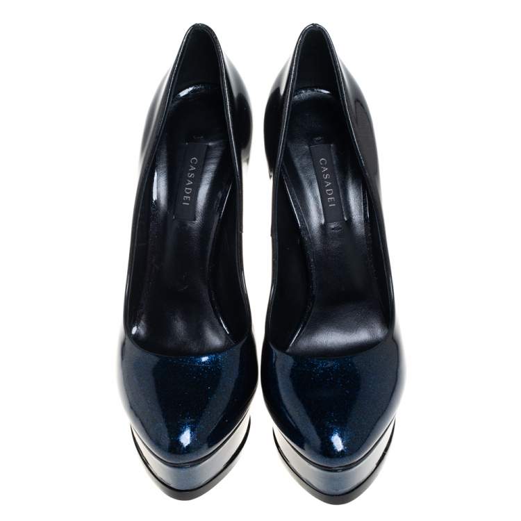 Pre Owned Casadei Metallic Black/Blue Patent Leather Platform Pumps Size 40
