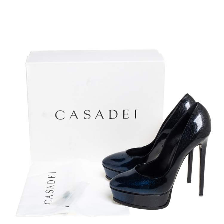 Pre Owned Casadei Metallic Black/Blue Patent Leather Platform Pumps Size 40