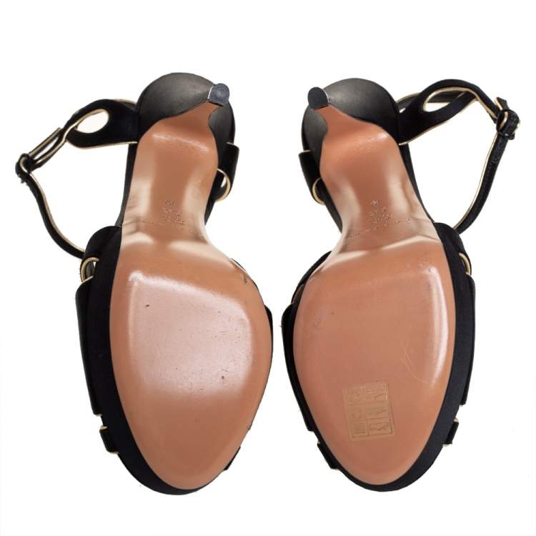 Pre Owned Casadei Black/Gold Satin T-Strap Open Toe Platform Sandals Size 40