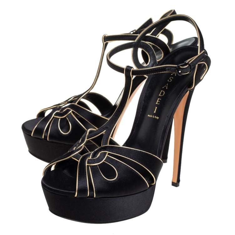 Pre Owned Casadei Black/Gold Satin T-Strap Open Toe Platform Sandals Size 40