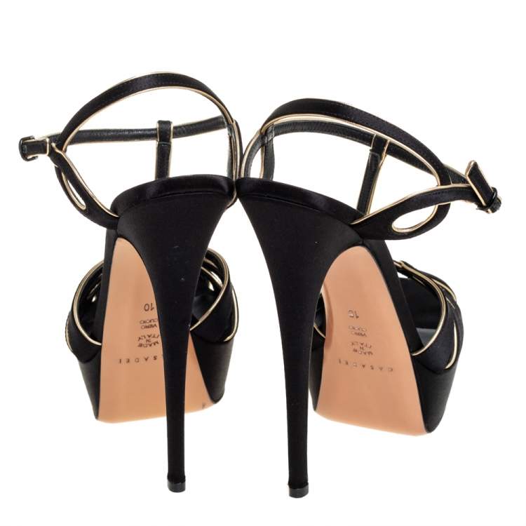 Pre Owned Casadei Black/Gold Satin T-Strap Open Toe Platform Sandals Size 40