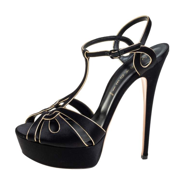 Pre Owned Casadei Black/Gold Satin T-Strap Open Toe Platform Sandals Size 40