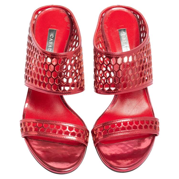 Pre Owned Casadei Metallic Red Patent Leather Candylux Slide Sandals Size 37