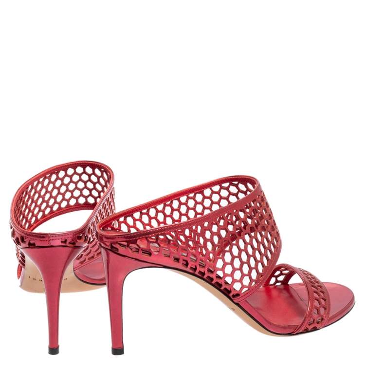 Pre Owned Casadei Metallic Red Patent Leather Candylux Slide Sandals Size 37