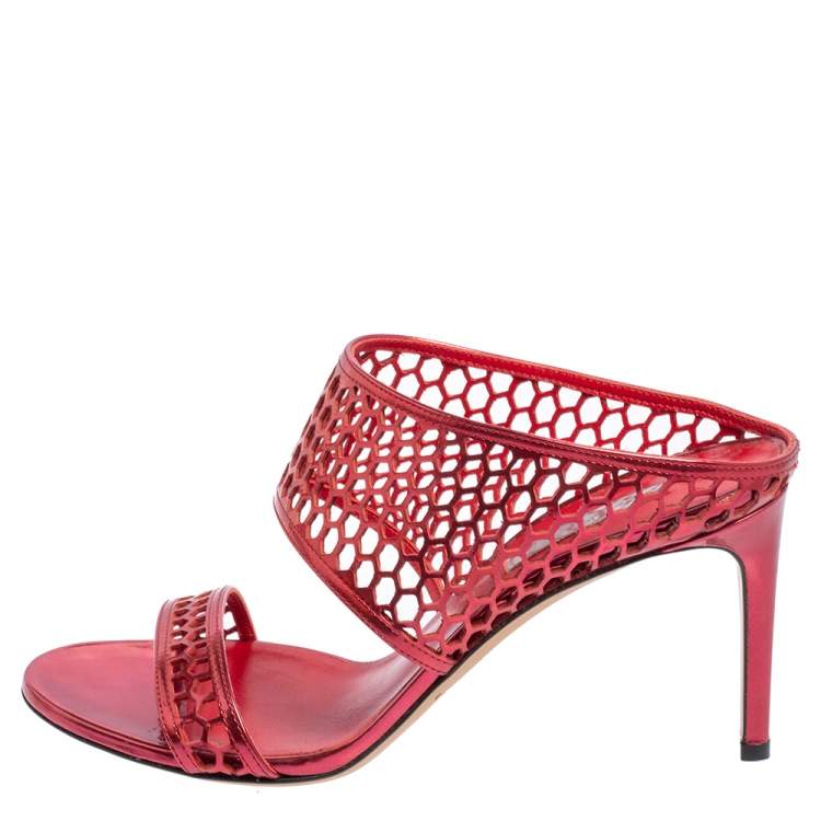Pre Owned Casadei Metallic Red Patent Leather Candylux Slide Sandals Size 37