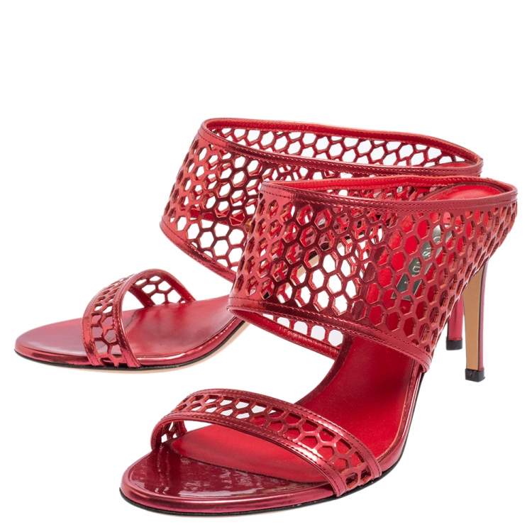 Pre Owned Casadei Metallic Red Patent Leather Candylux Slide Sandals Size 37