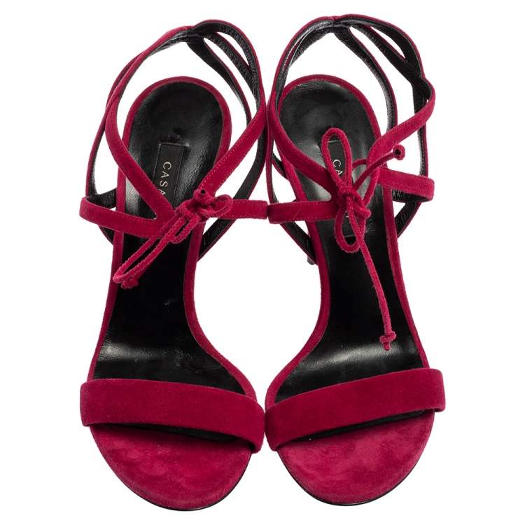 Pre Owned Casadei Dark Pink Suede Ankle Tie Sandals Size 38