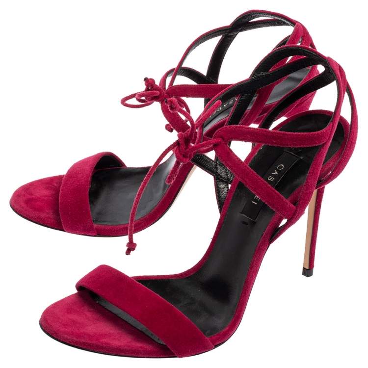 Pre Owned Casadei Dark Pink Suede Ankle Tie Sandals Size 38