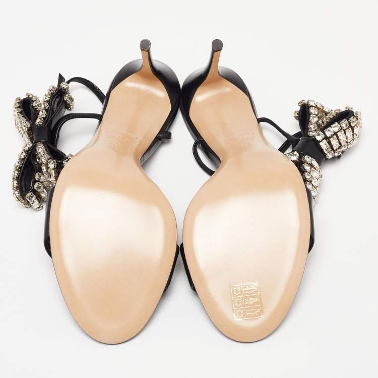 مملوكة مسبقًا Casadei Black Leather Crystal Embellished Bow Ankle-Strap Sandals Size 40