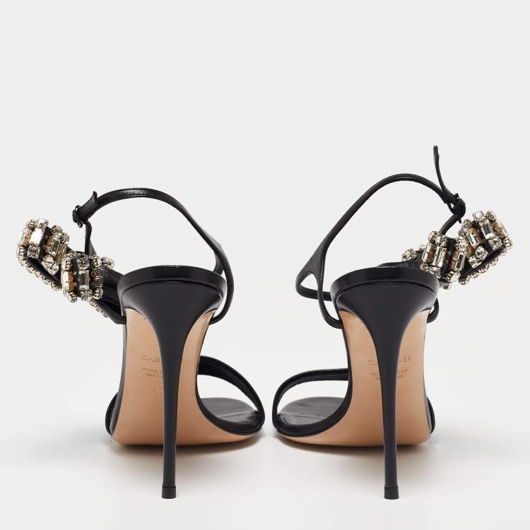 مملوكة مسبقًا Casadei Black Leather Crystal Embellished Bow Ankle-Strap Sandals Size 40