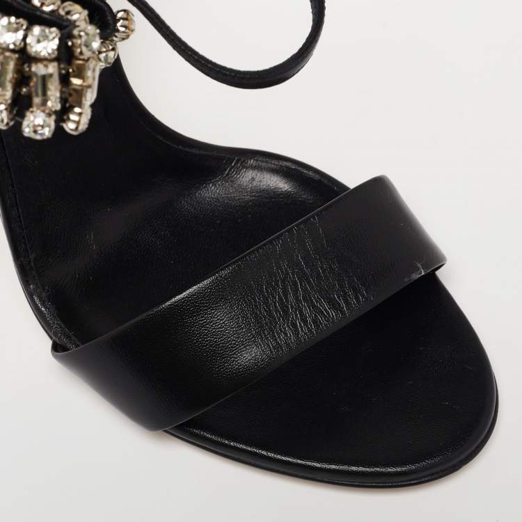 مملوكة مسبقًا Casadei Black Leather Crystal Embellished Bow Ankle-Strap Sandals Size 40