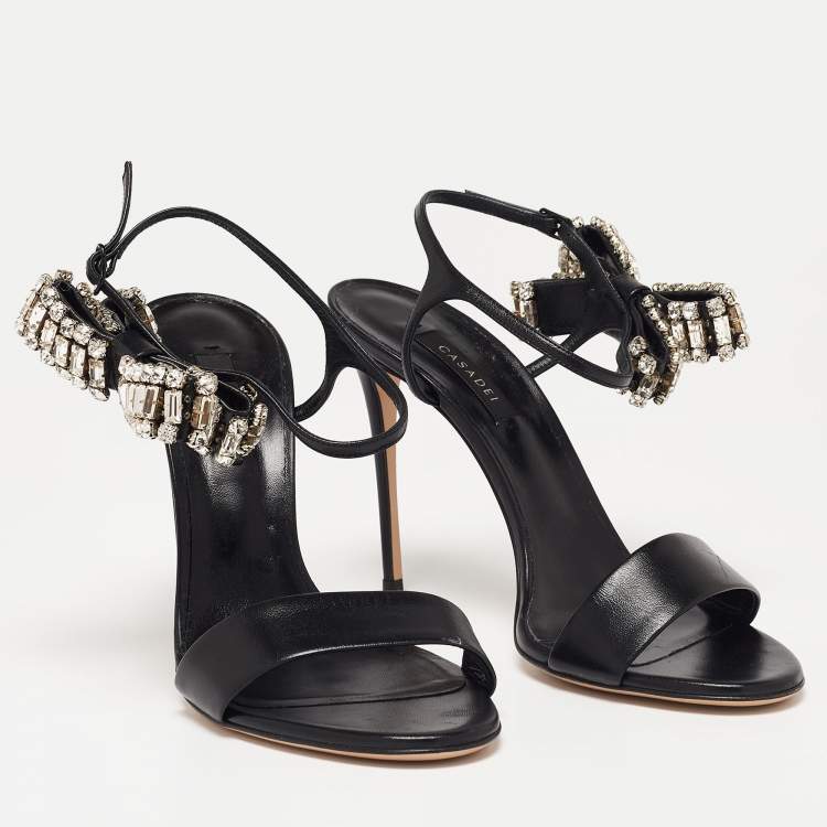 مملوكة مسبقًا Casadei Black Leather Crystal Embellished Bow Ankle-Strap Sandals Size 40