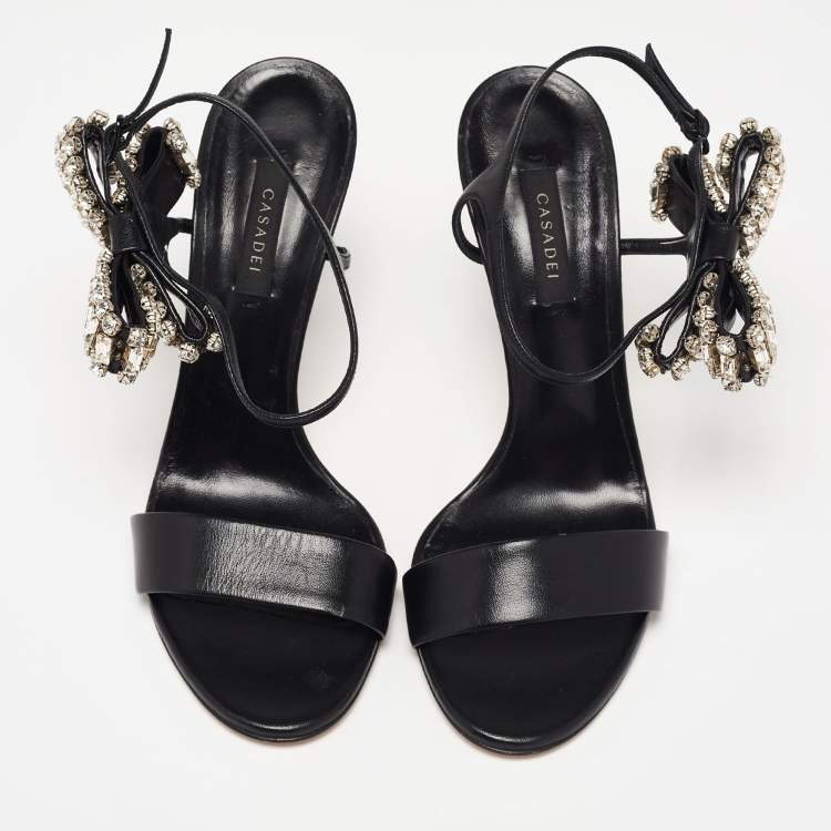 مملوكة مسبقًا Casadei Black Leather Crystal Embellished Bow Ankle-Strap Sandals Size 40