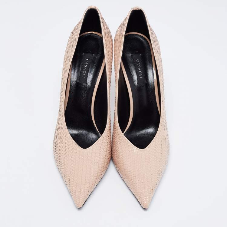 Pre Owned Casadei Beige Texture  Leather Pointed Toe Pumps  Size 41