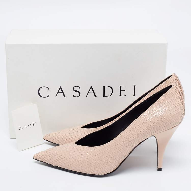 Pre Owned Casadei Beige Texture  Leather Pointed Toe Pumps  Size 41