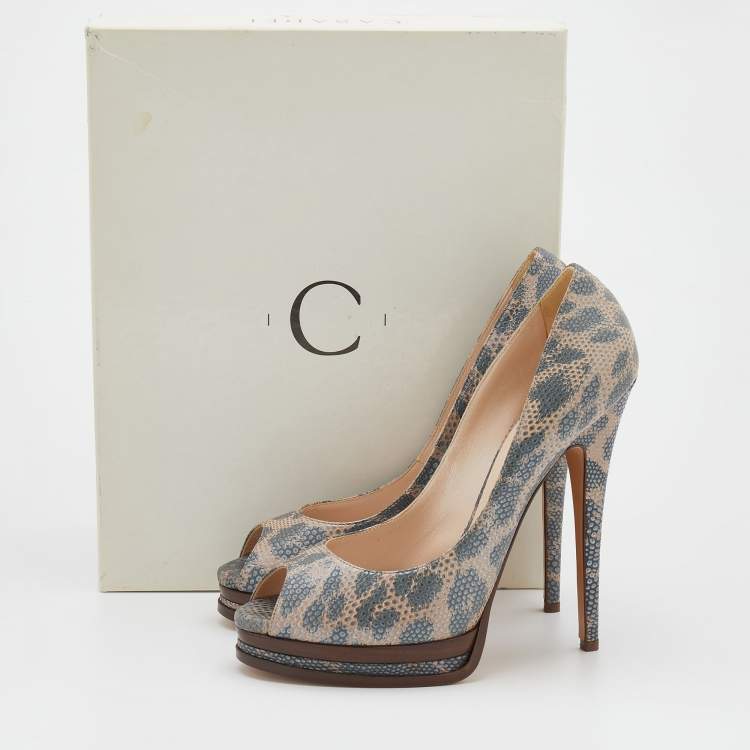 Pre Owned Casadei Grey/Beige Lizard Embossed Leather Peep Toe Platform Pumps Size 40