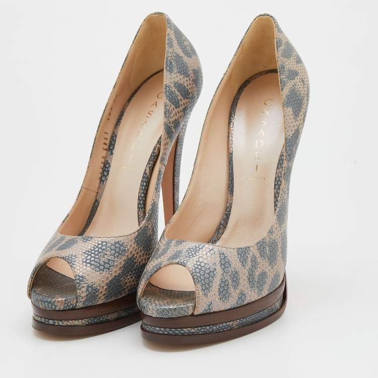 Pre Owned Casadei Grey/Beige Lizard Embossed Leather Peep Toe Platform Pumps Size 40