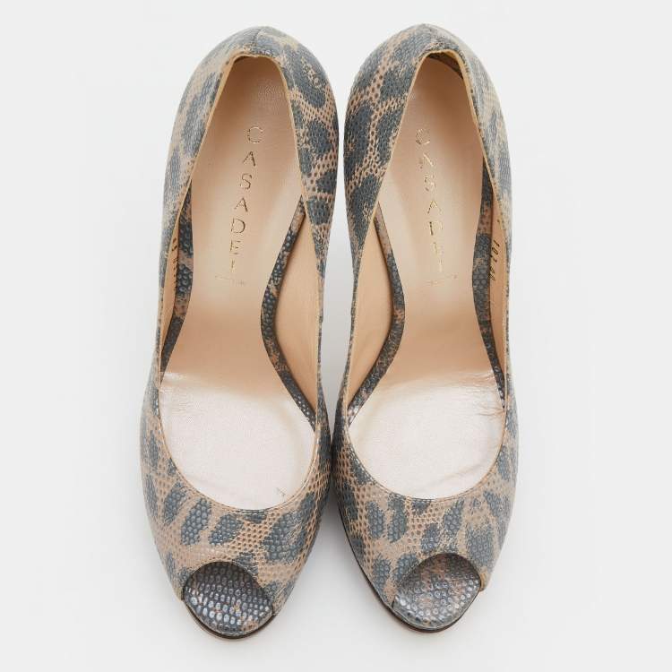 Pre Owned Casadei Grey/Beige Lizard Embossed Leather Peep Toe Platform Pumps Size 40