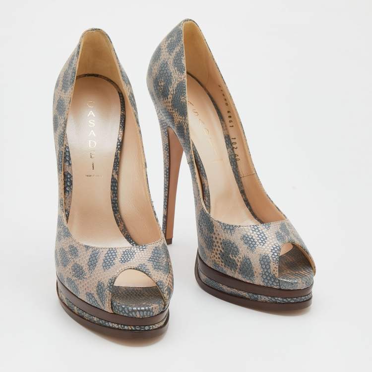 Pre Owned Casadei Grey/Beige Lizard Embossed Leather Peep Toe Platform Pumps Size 40