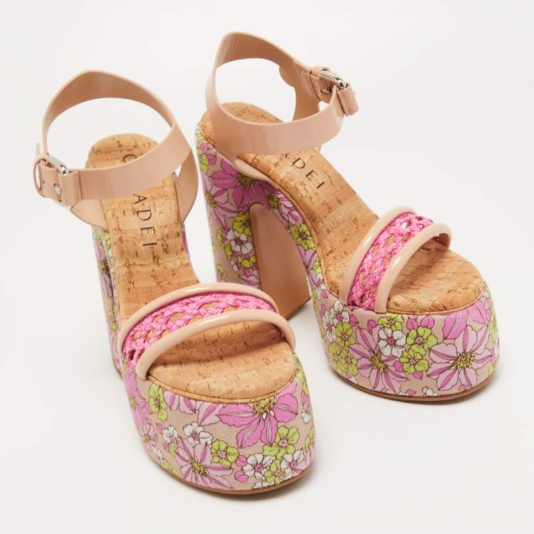 Pre Owned Casadei Pink /Beige Patent Leather and Leather Floral Print Ankle Strap Platform Sandals Size 39