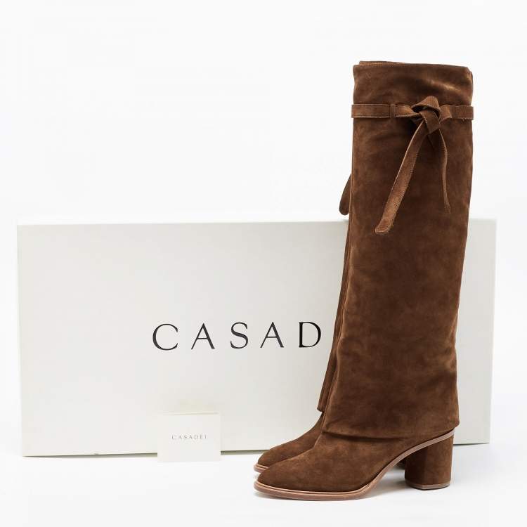 Pre Owned Casadei Brown Suede C-Chain Block Heel Knee Length Boots Size 37.5