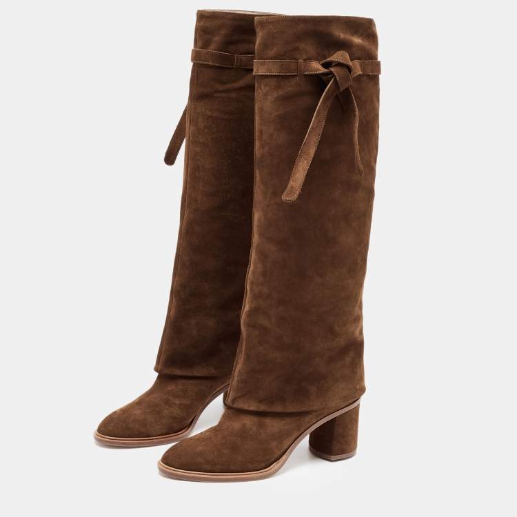 Pre Owned Casadei Brown Suede C-Chain Block Heel Knee Length Boots Size 37.5