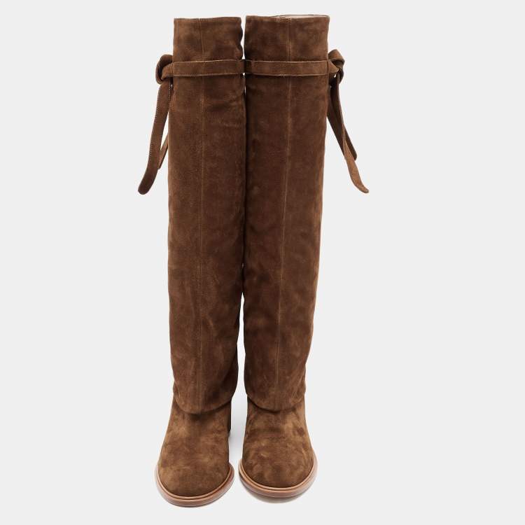 Pre Owned Casadei Brown Suede C-Chain Block Heel Knee Length Boots Size 37.5