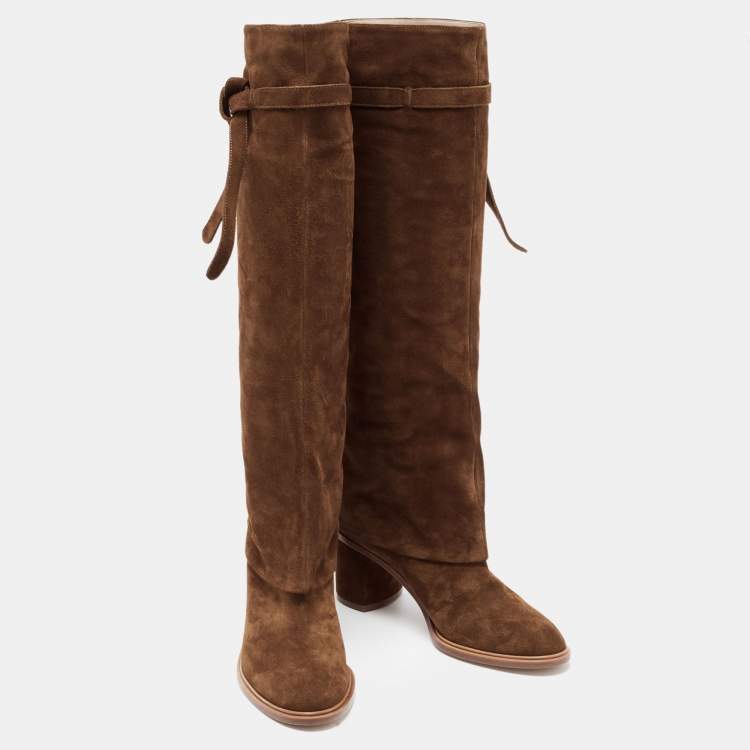 Pre Owned Casadei Brown Suede C-Chain Block Heel Knee Length Boots Size 37.5