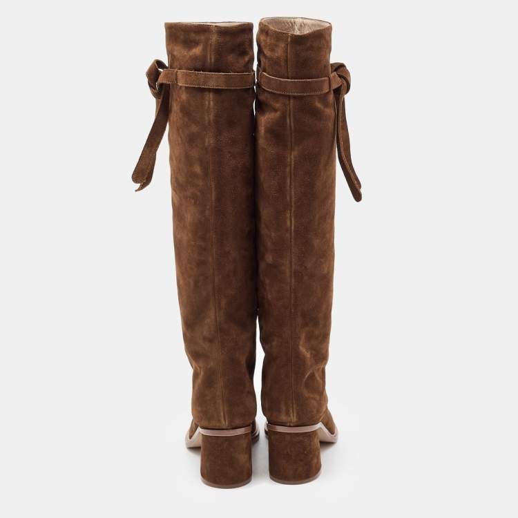 Pre Owned Casadei Brown Suede C-Chain Block Heel Knee Length Boots Size 37.5