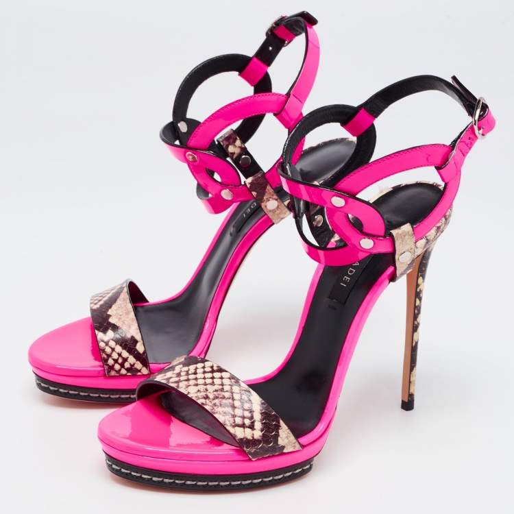 Pre Owned Casadei Fuschia Pink Patent and Snakeskin Embossed Roccia Ankle Strap Sandals Size 38