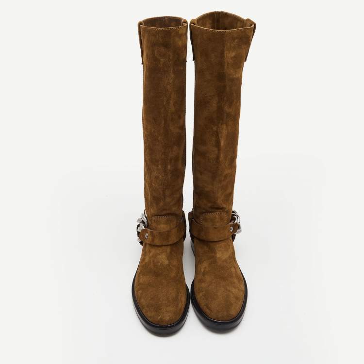 Pre Owned Casadei Brown Suede Chain Detail Knee Length Boots Size 40