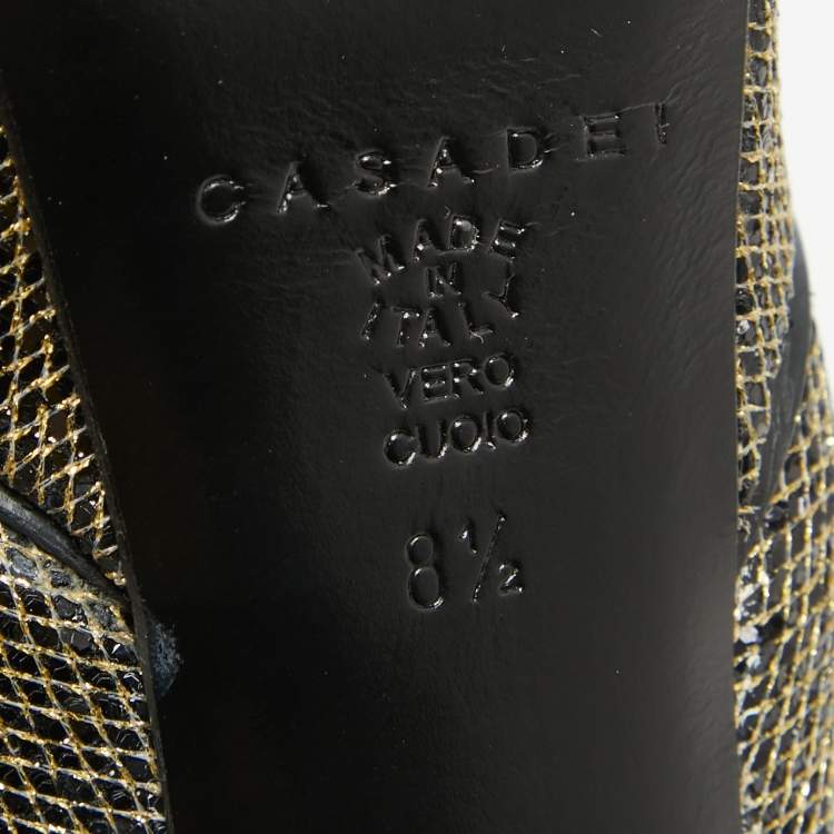 Pre Owned Casadei Gold/Black Glitter & Lame Fabric Daisy Peep Toe Pumps Size 38.5