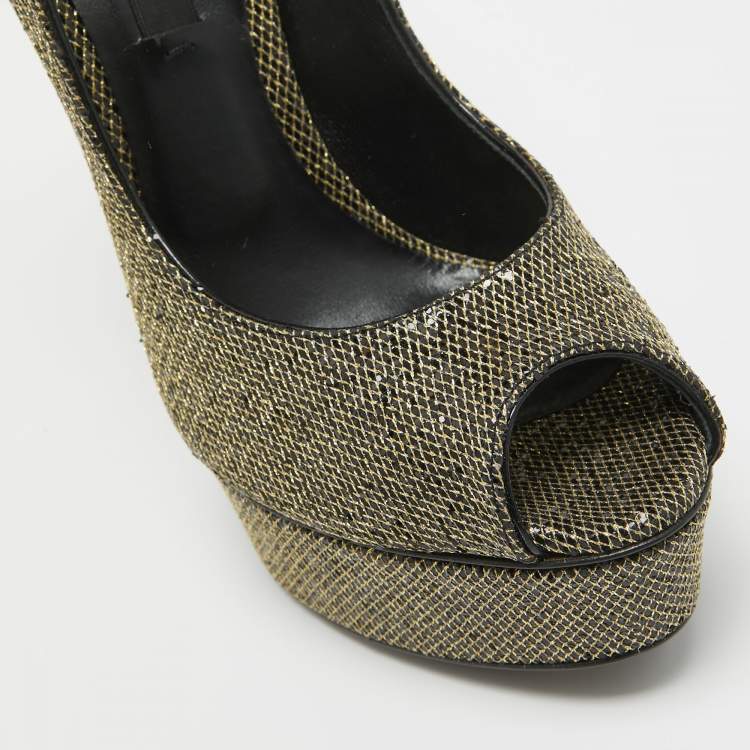 Pre Owned Casadei Gold/Black Glitter & Lame Fabric Daisy Peep Toe Pumps Size 38.5