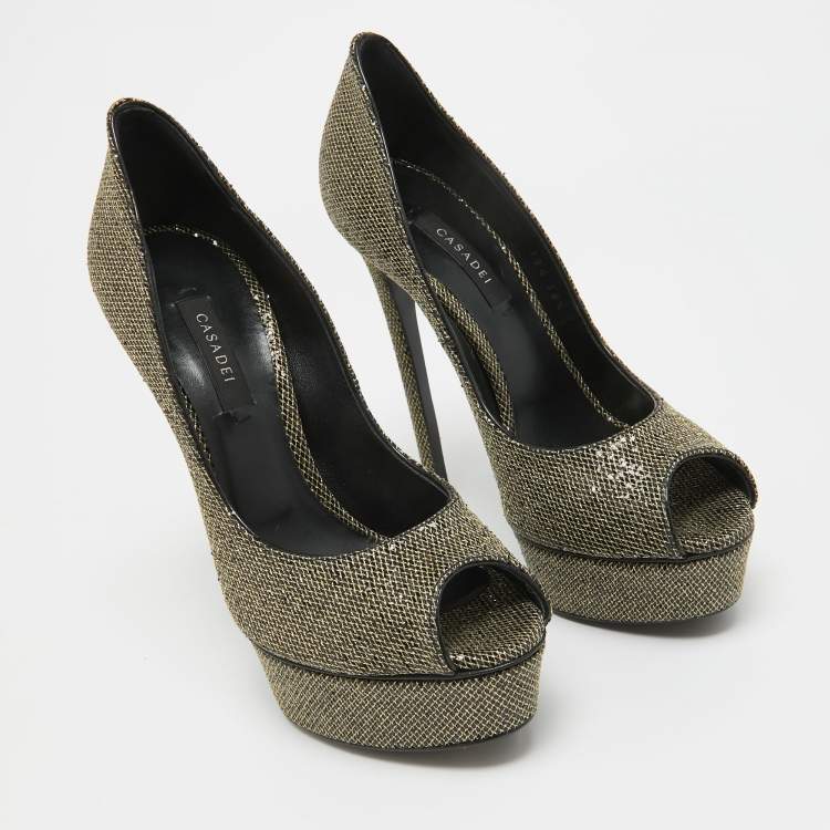 Pre Owned Casadei Gold/Black Glitter & Lame Fabric Daisy Peep Toe Pumps Size 38.5
