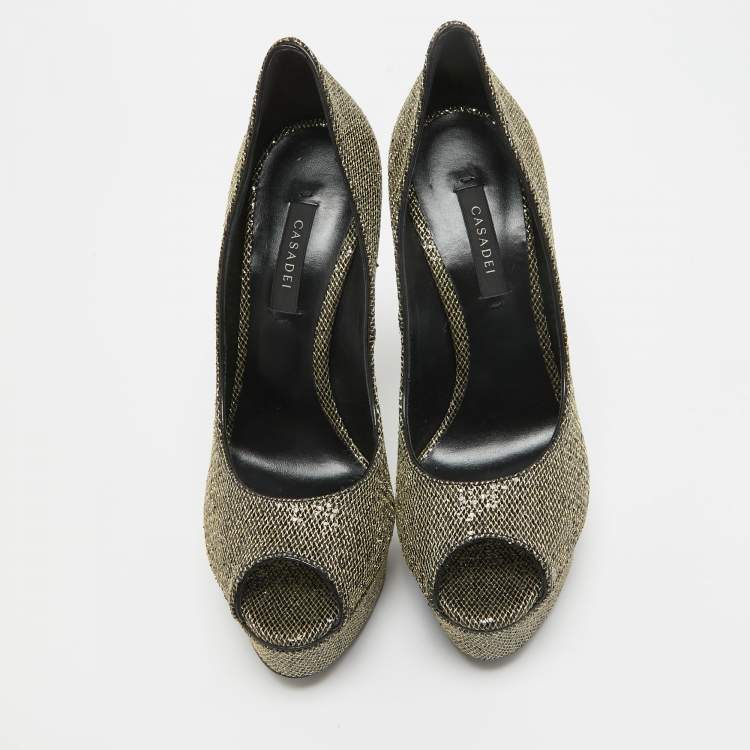 Pre Owned Casadei Gold/Black Glitter & Lame Fabric Daisy Peep Toe Pumps Size 38.5