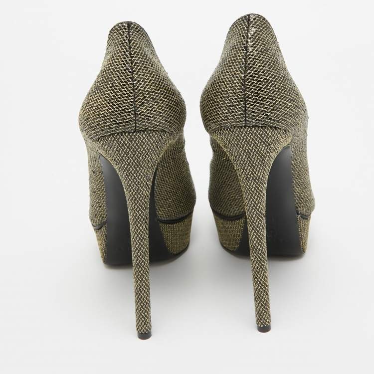 Pre Owned Casadei Gold/Black Glitter & Lame Fabric Daisy Peep Toe Pumps Size 38.5