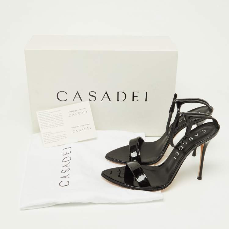 Pre Owned Casadei Black Patent Leather Ankle Strap Sandals Size 37.5