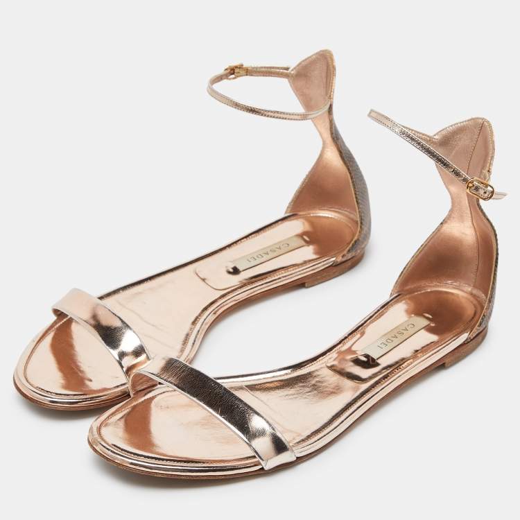 مملوكة مسبقًا Casadei Metallic Leather and Lizard Embossed Ankle Strap Sandals Size 39.5