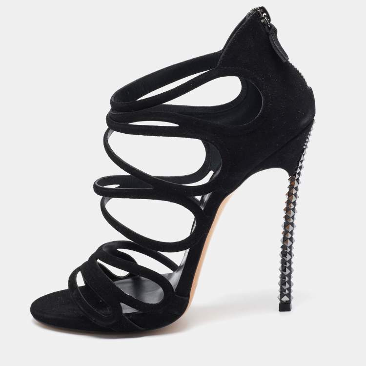 Pre Owned Casadei Black Suede and Crystal Heel Ankle Strap Sandals Size 39