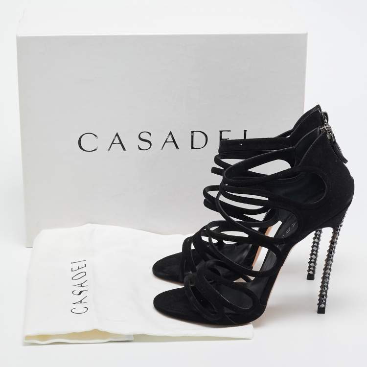 Pre Owned Casadei Black Suede and Crystal Heel Ankle Strap Sandals Size 39
