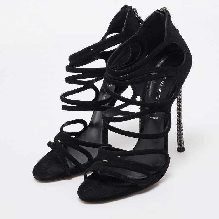Pre Owned Casadei Black Suede and Crystal Heel Ankle Strap Sandals Size 39