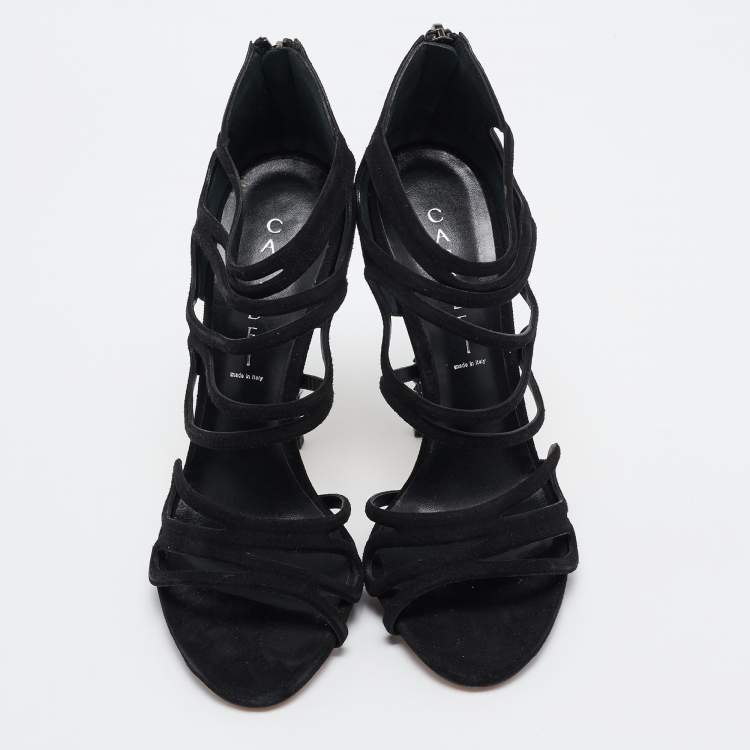 Pre Owned Casadei Black Suede and Crystal Heel Ankle Strap Sandals Size 39