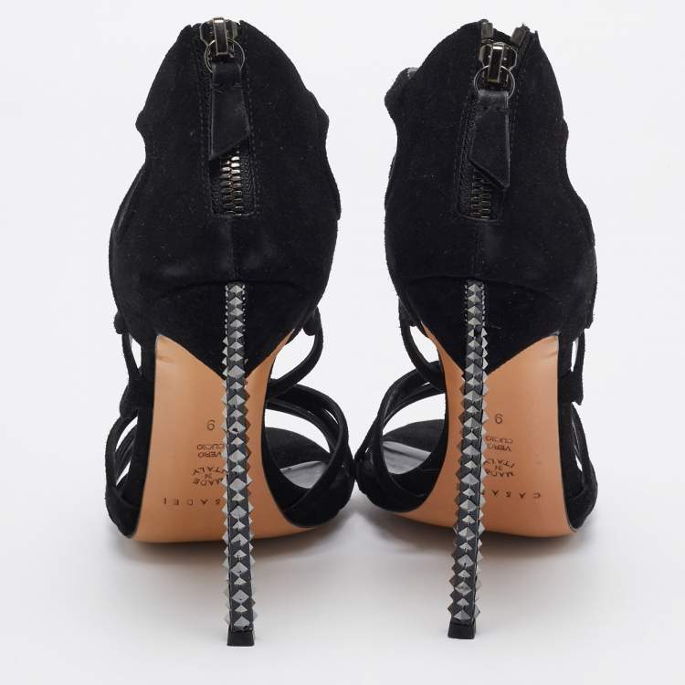 Pre Owned Casadei Black Suede and Crystal Heel Ankle Strap Sandals Size 39