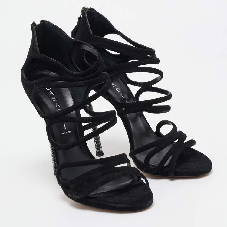 Pre Owned Casadei Black Suede and Crystal Heel Ankle Strap Sandals Size 39