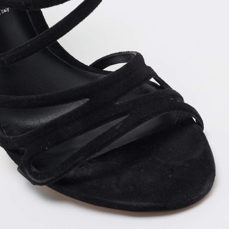 Pre Owned Casadei Black Suede and Crystal Heel Ankle Strap Sandals Size 39