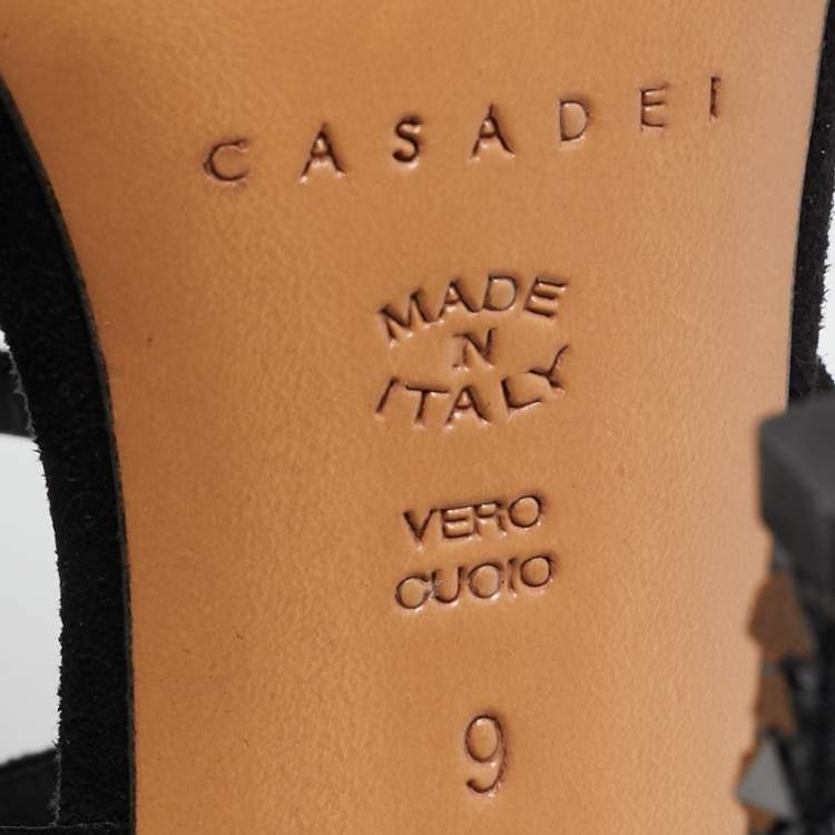 Pre Owned Casadei Black Suede and Crystal Heel Ankle Strap Sandals Size 39
