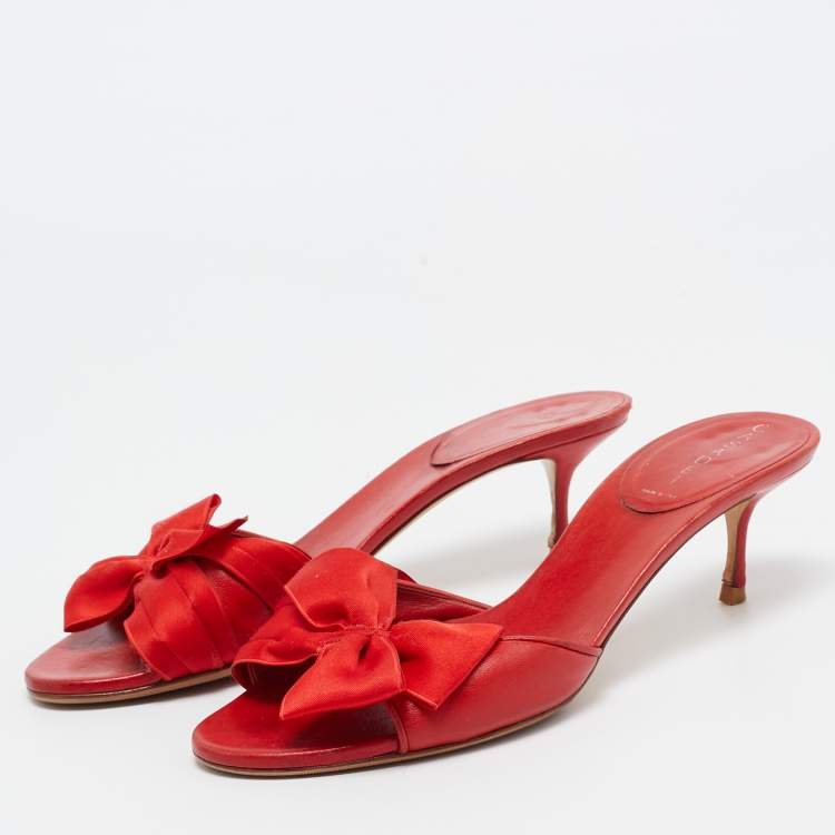 Pre Owned Casadei Red Leather and Fabric Bow Slide Sandals Size 39